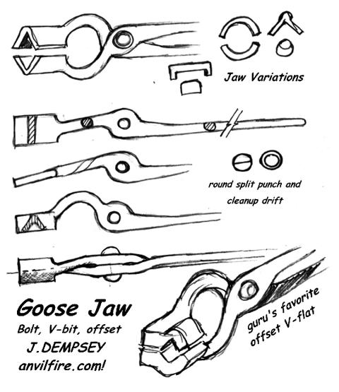 Steps in making Goose Jaw and V-bit tongs - click for larger