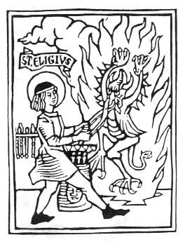 Old Woodcut, St. Eligius snaring the Devil by his nose with his tongs.