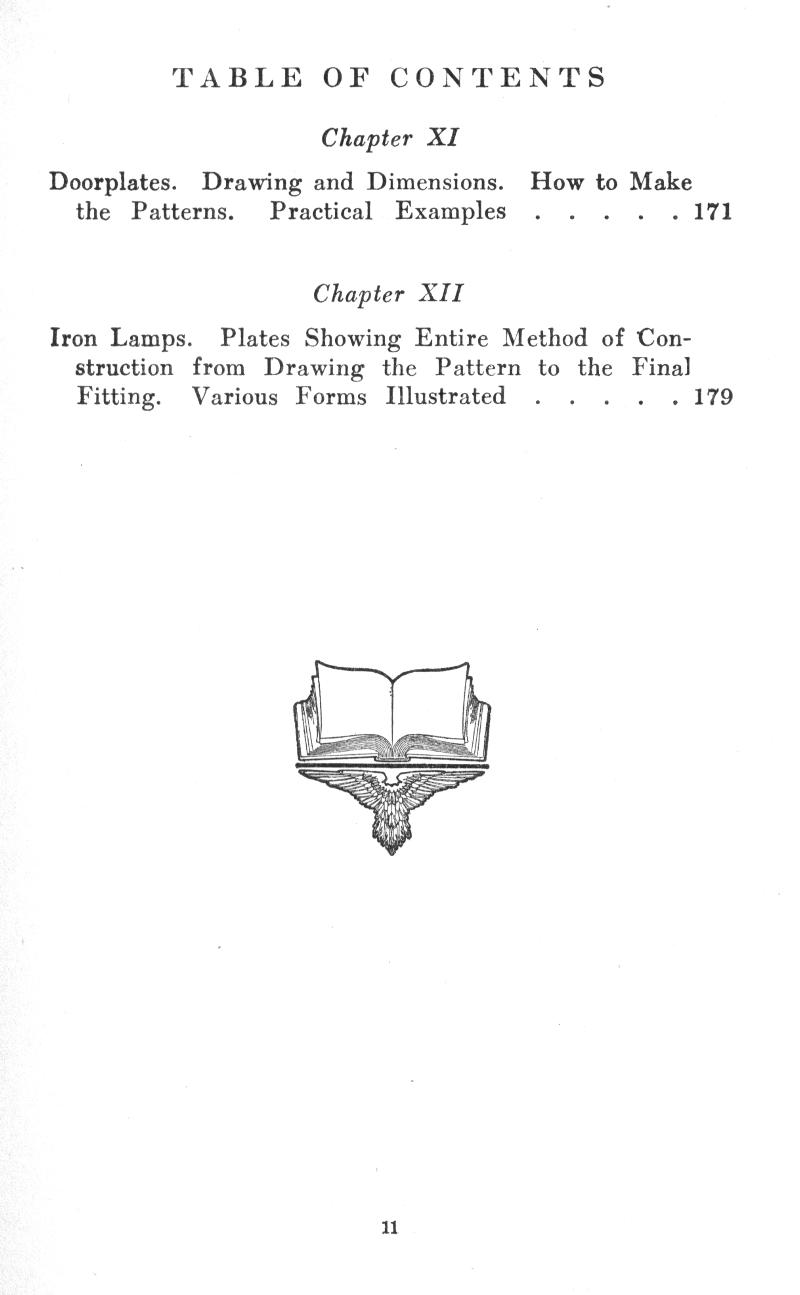 CONTENTS, Chapter, Doorplates, Drawing, Dimensions, How-to, Patterns, Practical, Examples, Iron Lamps, Plates, Method of Construction, Fitting, Various, Forms, Illustrated
