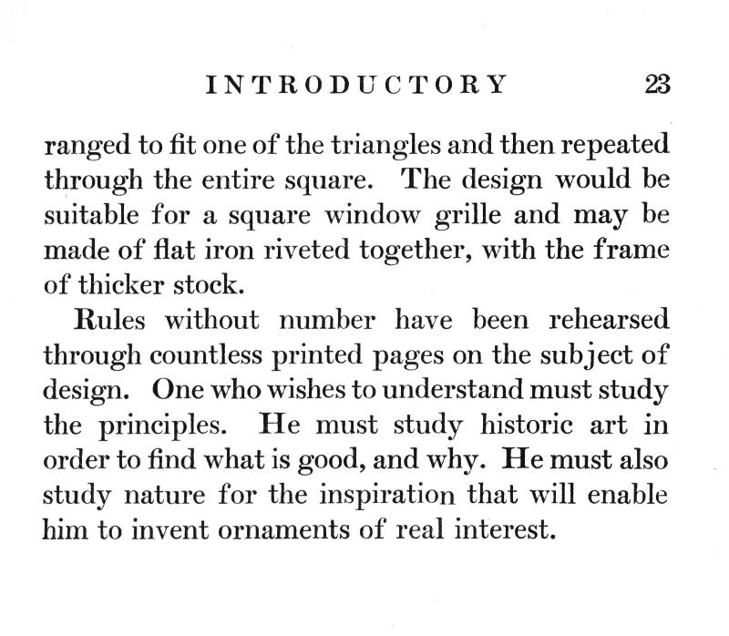INTRODUCTORY, p.23, triangles, repeated, square, design, window grille, flat iron, riveted, frame, study, historic, art, invent, ornaments
