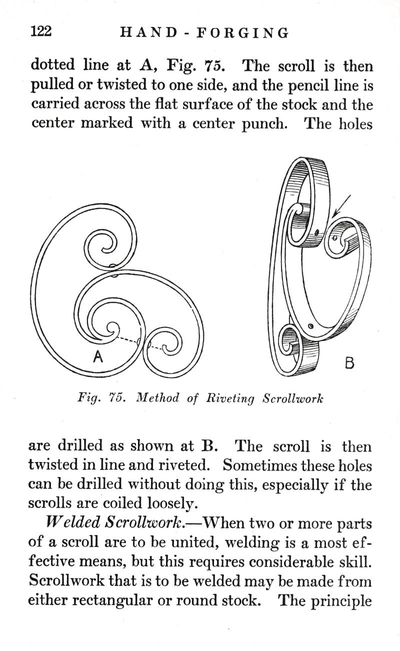 p.122, HAND - FORGING, Fig. 75, scroll, twisted, pencil line, center punch, Fig. 75, Riveting, Scrollwork, drilled,  holes, drilled