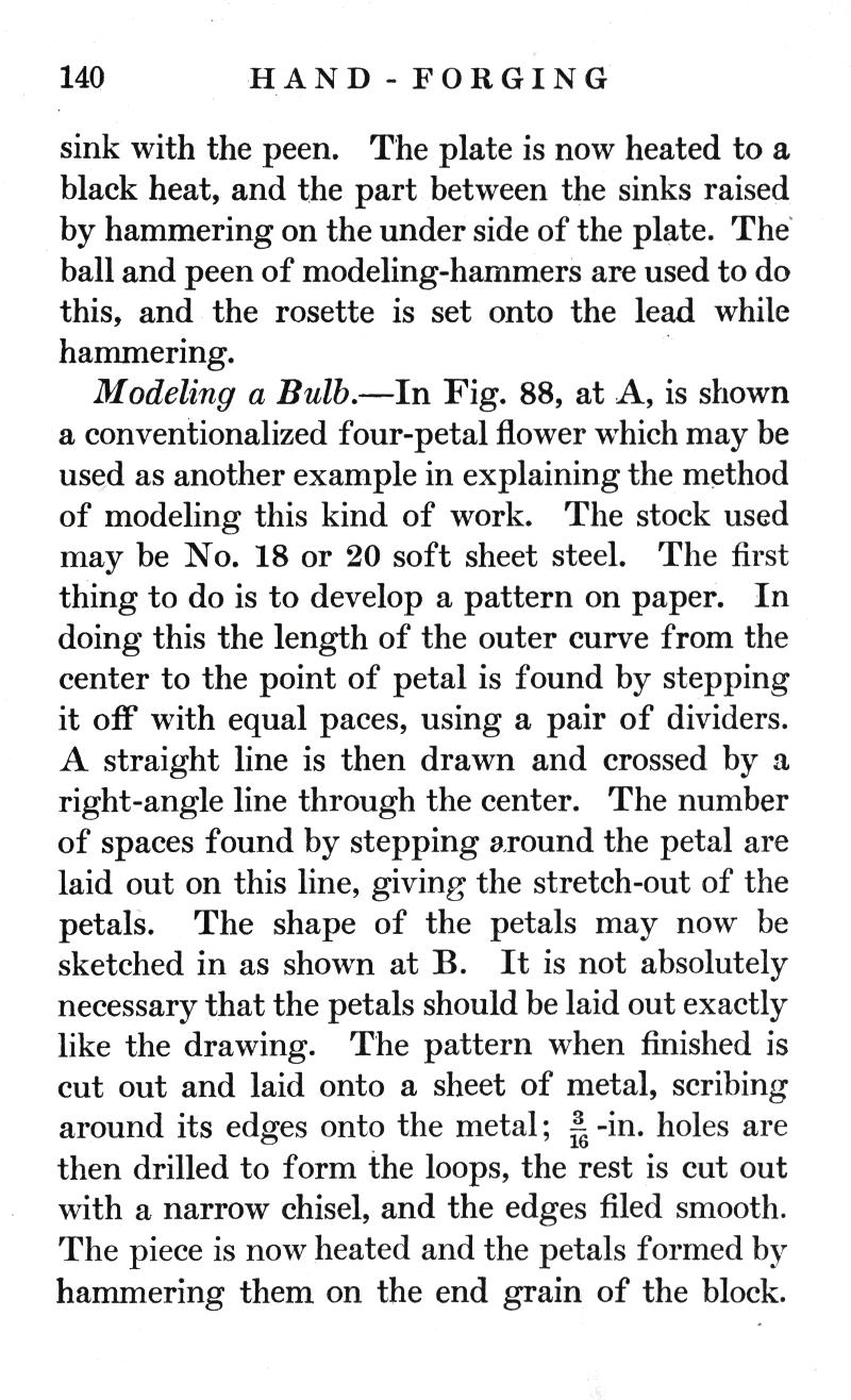 p.140, HAND FORGING, peen, sinks, raised, hammering, ball, peen, modeling-hammers, rosette, lead, Modeling, Bulb, Fig. 88, four-petal, flower, develop, pattern, paper, equal spaces, pair of dividers, right-angle, line, center, petals scribing, metal, drilled, loops, chisel, filed, end grain, block