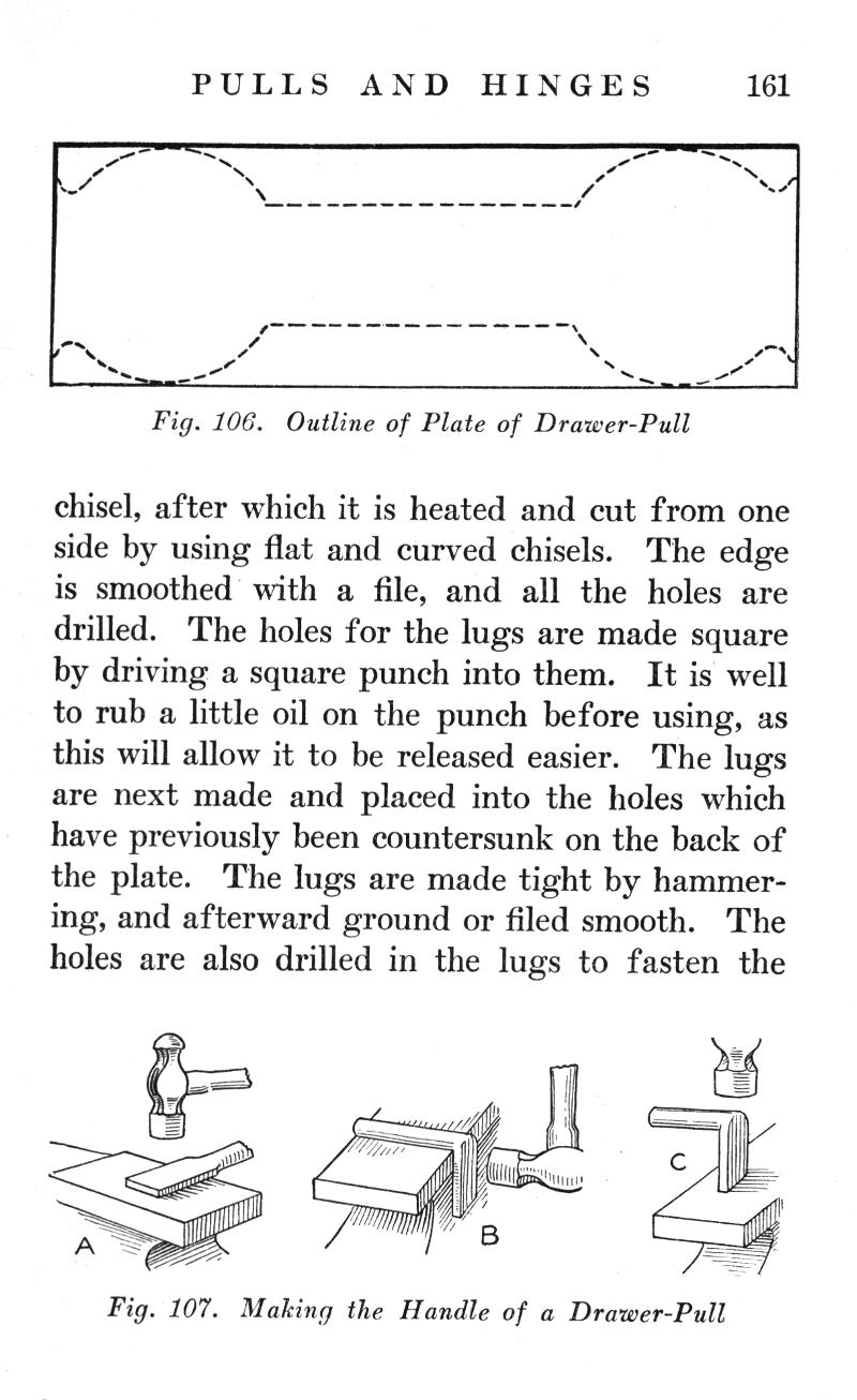 PULLS, HINGES, p.161, Fig. 106, Drawer-Pull, chisel, chisels, drilled, square punch, oil, countersunk, hammering, Fig. 107, Handle