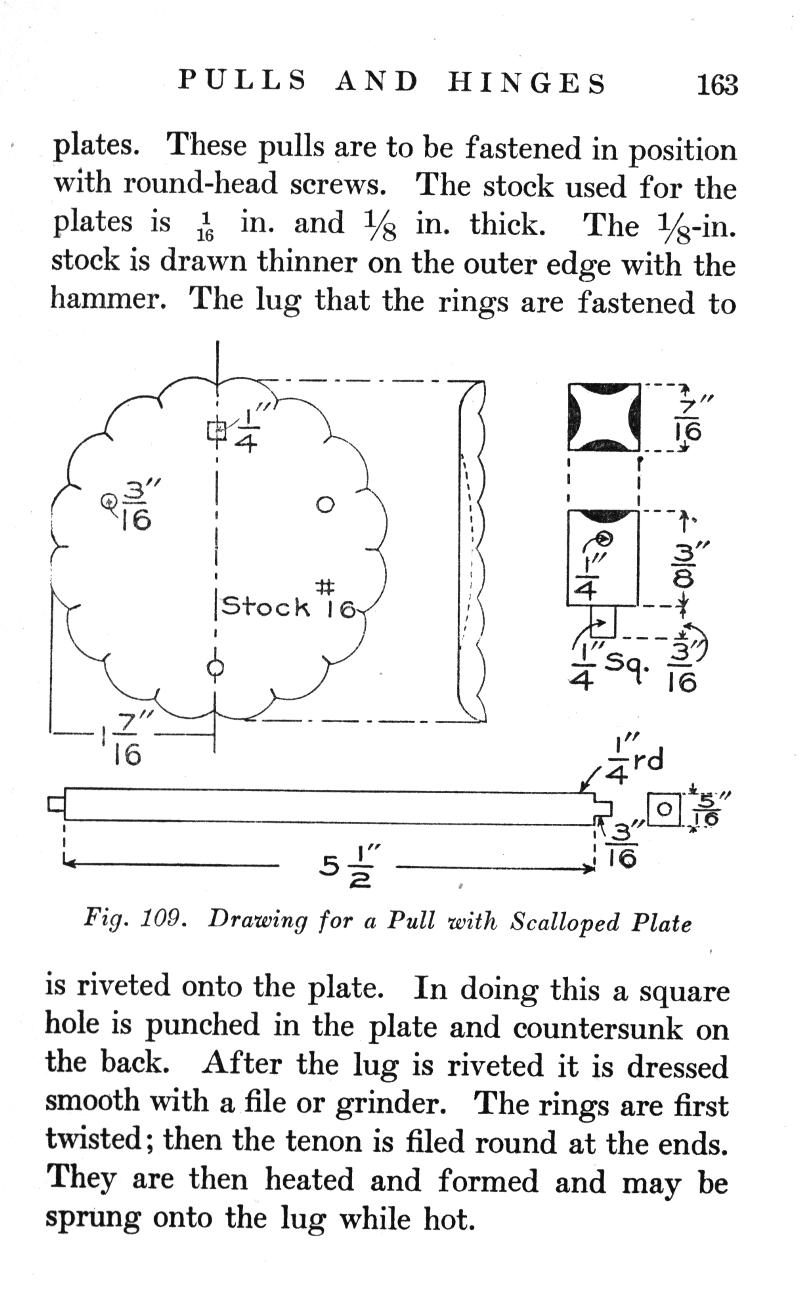PULLS, HINGES, p.163, round-head, screws, hammer, Fig. 109, Drawing, Pull, Scalloped, riveted, punched, countersunk, riveted, grinder, rings, twisted, tenon