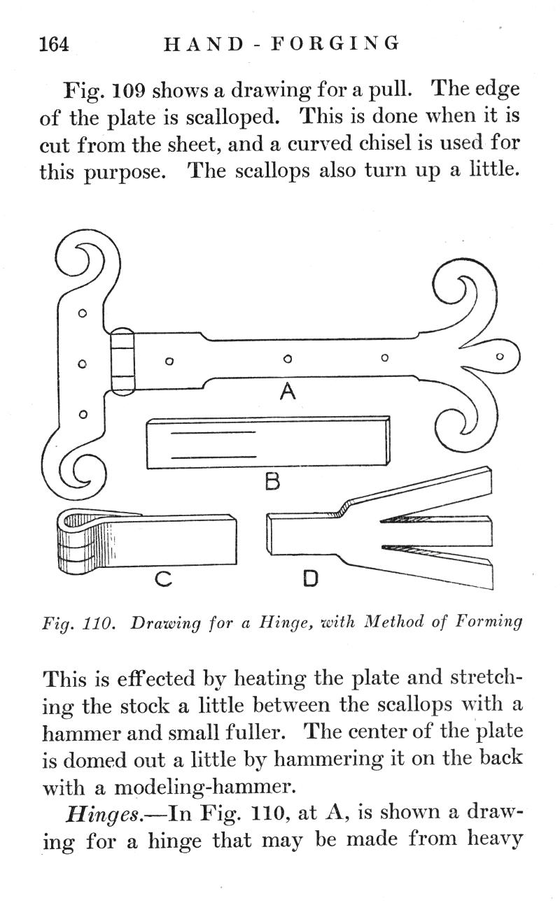 p.164, HAND FORGING, Fig. 109, edge, scalloped, curved chisel, Fig. 110, Drawing, Hinge, Method, Forming, hammer, fuller, modeling-hammer, Fig. 110