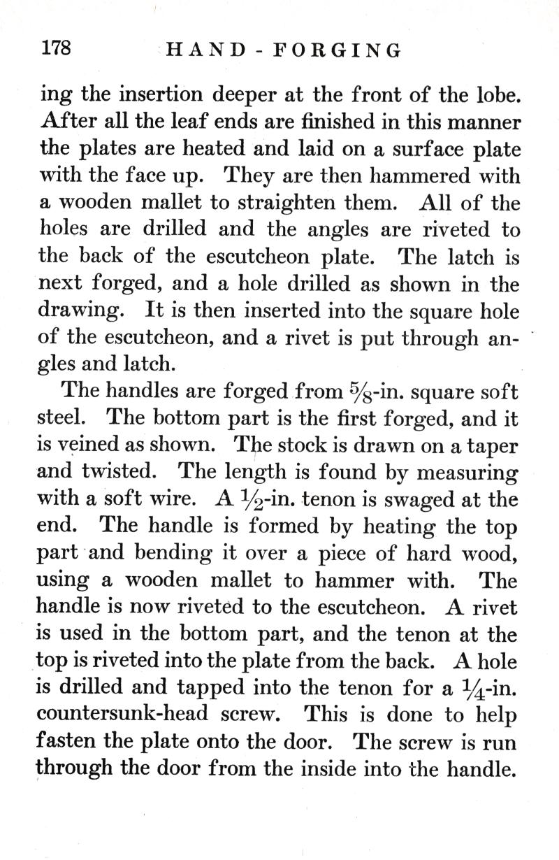 p.178, HAND FORGING, leaf, plates, surface plate, hammered, wooden mallet, straighten, holes, drilled, angles, riveted, escutcheon plate, latch, forged, drawing, square hole, rivet, square soft steel, veined, taper, twisted, soft wire, tenon, swaged, riveted, countersunk-head screw