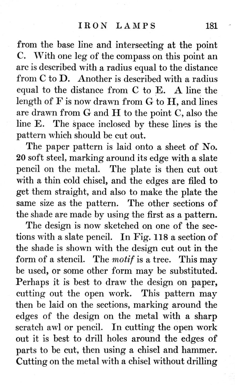 IRON LAMPS,	p.181, base line, intersecting, compass, paper pattern, sheet, soft steel, slate pencil, cold chisel, shade, design, sketched, Fig. 118, stencil, motif, tree, drill, hammer