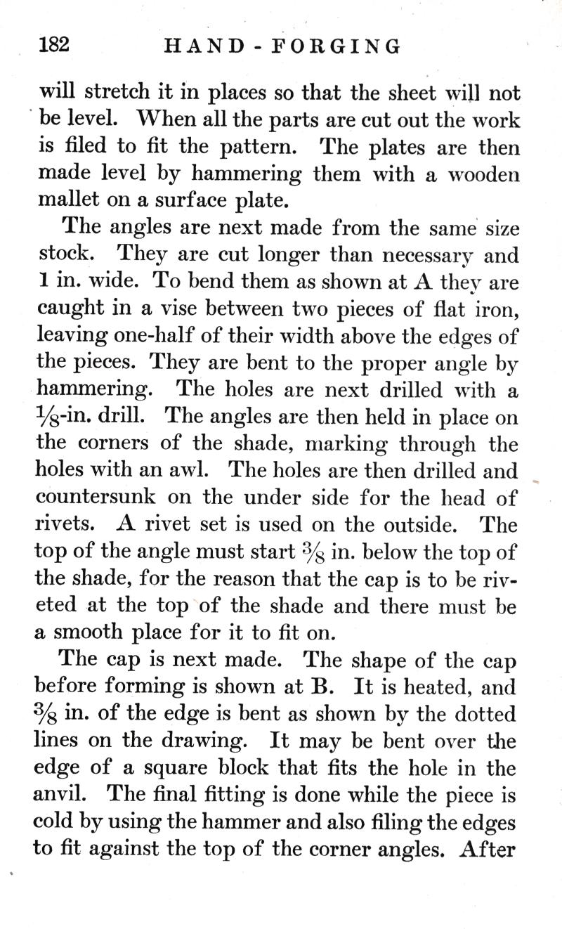 p.182,	HAND FORGING, sheet, pattern, plates, hammering, wooden mallet, surface plate, angles, bend, vise, flat iron, drilled, shade, awl, countersunk, rivets, rivet, forming, drawing, anvil, hammer