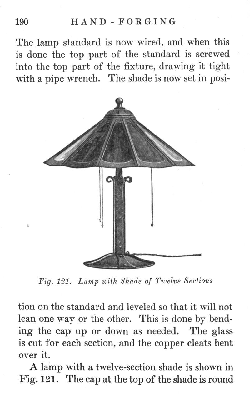 HAND FORGING, lamp, standard, wired, screwed, fixture, pipe wrench, shade, Fig. 121, glass, copper cleats, twelve-section, Fig. 121