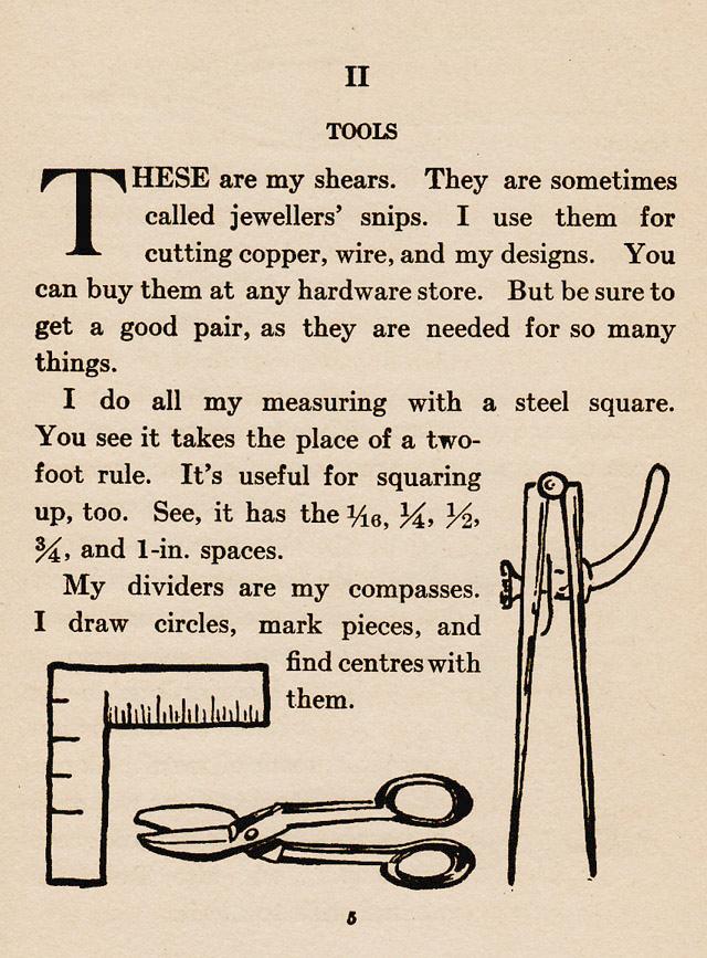 Chapter II, ch.2, tools, These are my shears, measuring, steel square, jewellers snips, divides, compass, hardware store