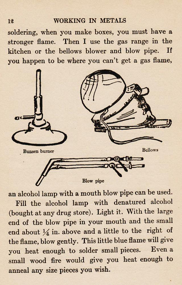 page 12, Tools, Bunsen Burner, foot bellows, blow pipe, alcohol lamp, solder, propane gas torch, gas forge, Micro Forge
