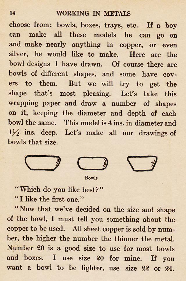 page 14, bowls, boxes, trays, If a boy can make all these models he can make nearly anythiung in copper or silver.  Lets make drawings of bowls. Sheet copper.