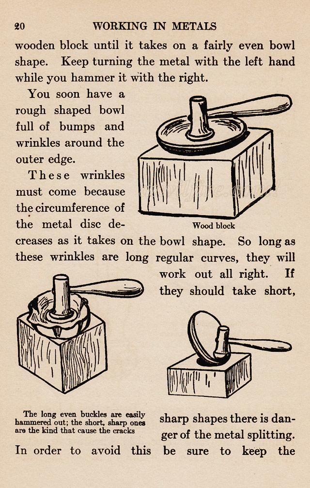 page 20, With the round headed hammer, using the rounded end, beat the metal disc into the hollow of the wooden block until it takes on a fairly even bowl shape.  Wrinkles, Wood block, dishing hammer.
