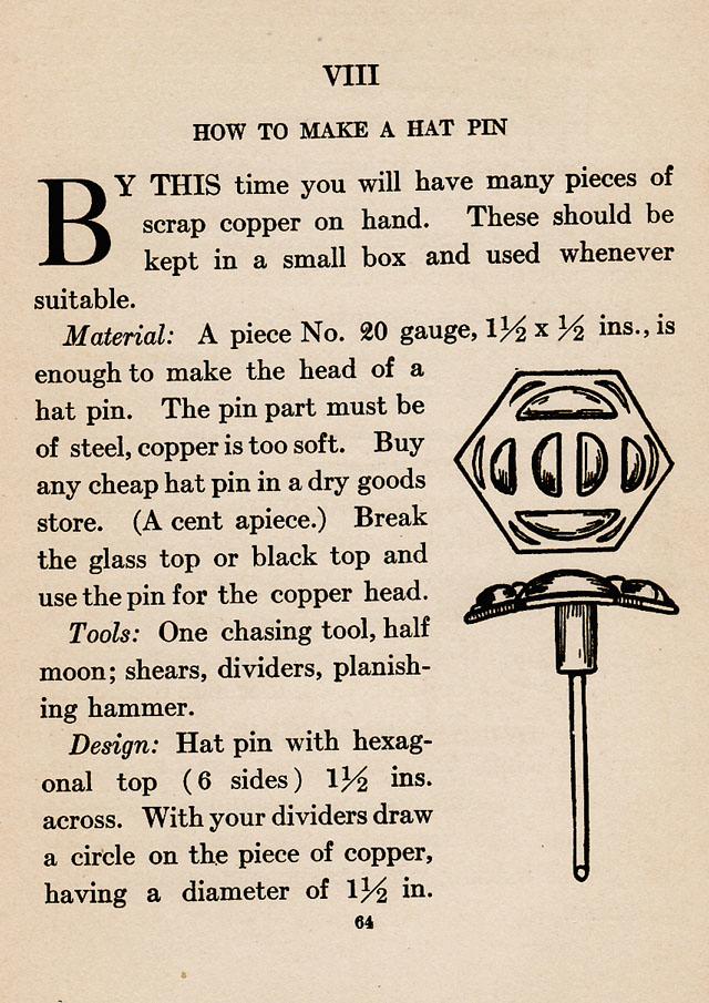 Chapter VIII., ch.8, How to Make a Hat Pin, scrap copper, Start with a steel had pin and remove the end.  chasing tool, shears, dividers, planishing hammer, design, draw