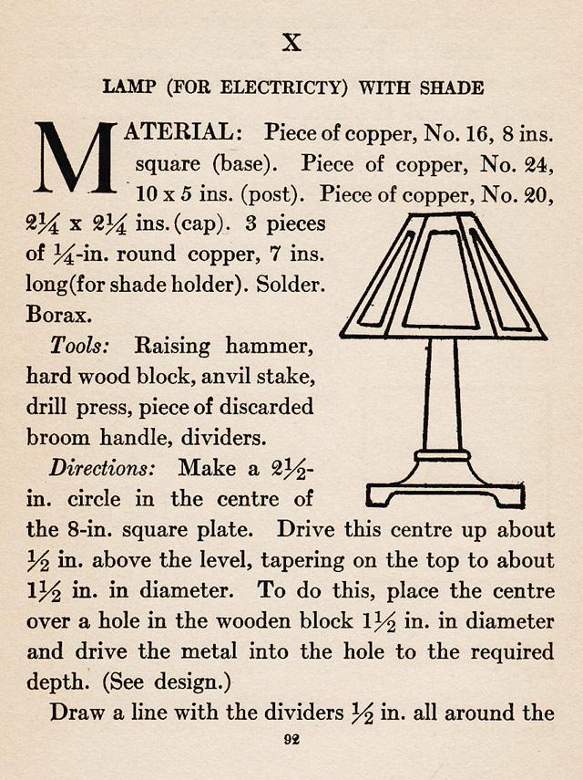 Chapter X., ch.10, Lamp (for Electricity), with Shade, Copper, Raising Hammer, hard wood block, anvil stake, drill press, broom handle, dividers, drawing