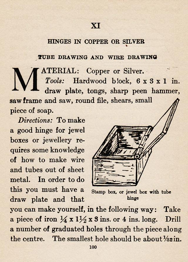 Chapter XI., ch.11, Hinges in Copper and Silver, Tube Drawing and Wire Drawing, copper, silver, hardwood block, draw plate, tongs, saw frame, round file, shears, soap