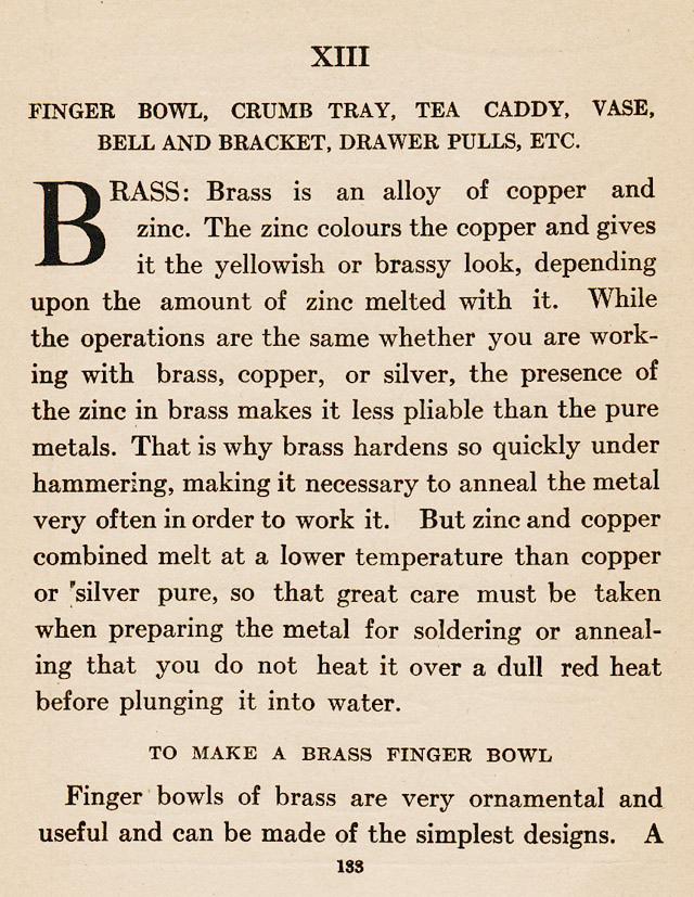 Chapter XIII, ch.13, Brass is an alloy of copper and zinc. Finger Bowl, Crumb Tray. Tea Caddy, Vase, Bell and Bracket, Draw Pulls, silver, anneal