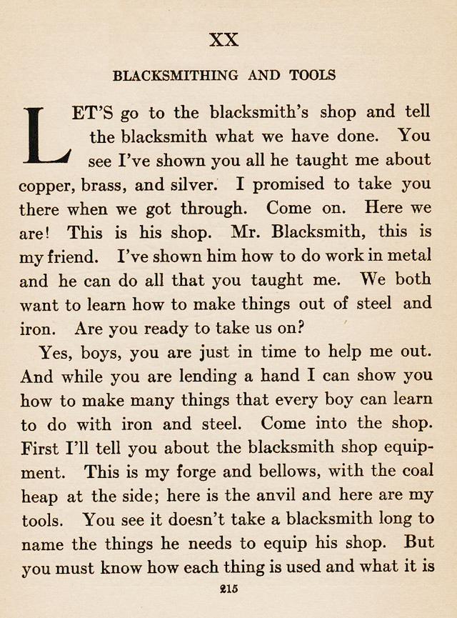 Chapter XX, ch.20, The Blacksmith's Shop, Blacksmithing Tools, Lets go to the blacksmith's shop and tell the blacksmith what we have done., copper, brass, silver, iron and steel, forge, bellows, anvil