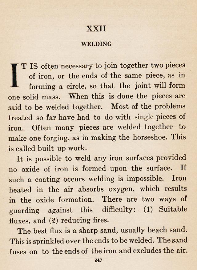 Chapter XXII, ch.22, WELDING, It is often necessay to join together two pieces of iron or the ends of the same piece as in forming a circle., horseshoe, built-up, oxygen, oxide formation, fluxes, reducing fires.