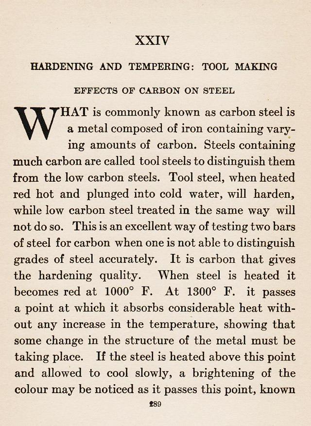 Chapter XXIV, ch.24, Hardening and Tempering, Tool Making, Effects of carbon on steel, What is commonly known as carbon steel is a metal compossed of iron containing varying amounts of carbon., distinguish grades