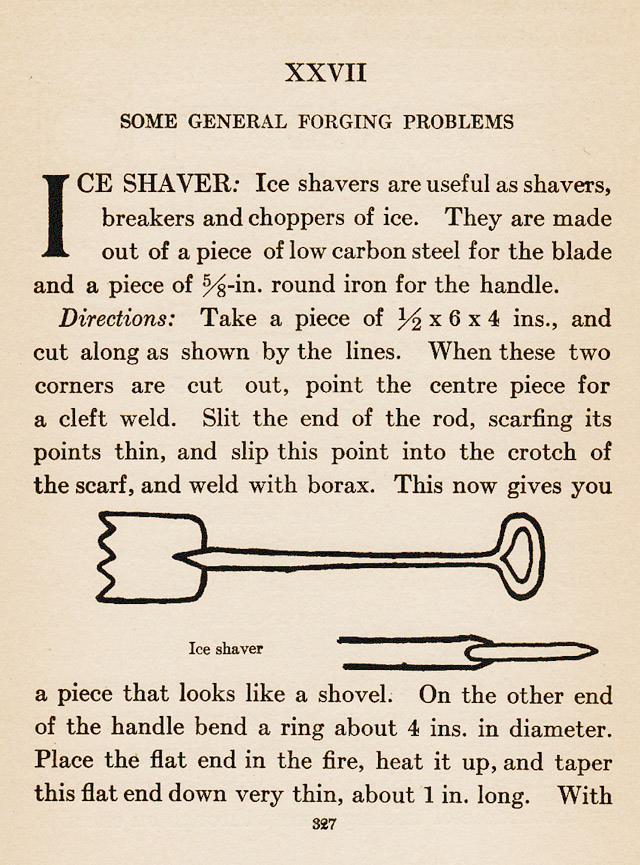 Chapter XXVII, ch.27, Some General Forging Problems, Ice Shaver are useful as shavers, breakers, choppers of ice., scarf, weld, borax, shovel