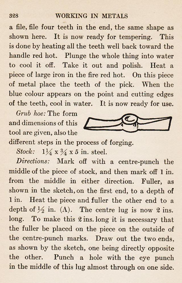page 328, Ice Shaver, tempering, Plunge the whole thing into water to cool it off. Grub hoe form and dimensions are given, also the different steps in the process of forging. Centre punch, eye punch