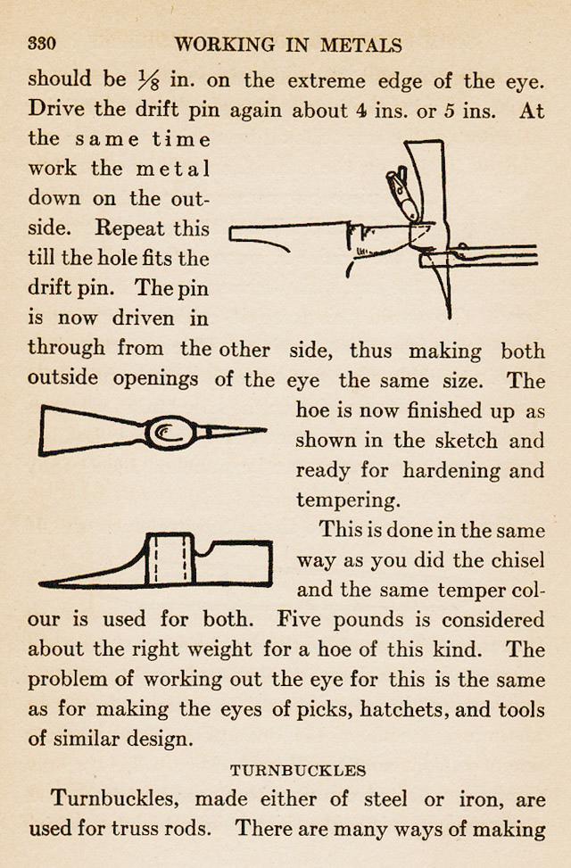 page 330, Grub hoe eye drift pin, Five pounds is considered about the right weight for a hoe of this kind.  Eye for this is the same as for making the eyes of picks, hatchets, and tools of similar design. Turnbuckles, made of either stell or iron, are used for truss rods.