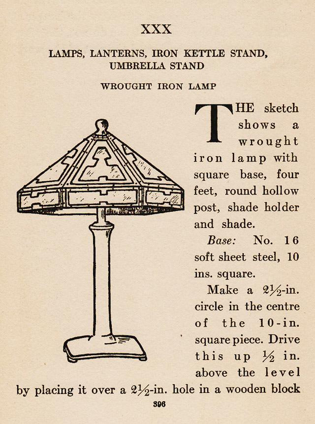 Chapter XXX, Ch.30, Lamps, Lanterns, Iron Kettle Stand, Umbrella Stand, Wrought Iron Lamp, The sketcch shows a wrought iron lamp with square base, four feet, round hollow post, shade holder, and shade.