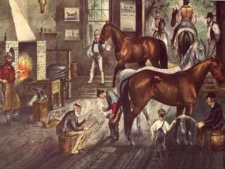 Trotting Cracks - The Forge - Early American Farrier Shop with horses being shod, blacksmith at the forge heating a horseshoe, customer looking on and young boy watching the farrier.