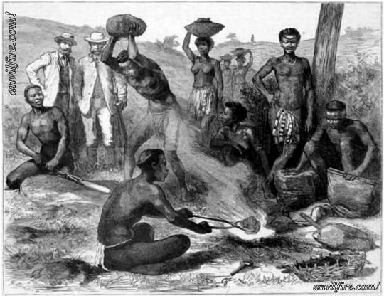 Zulu Blacksmiths making a spear point 1879