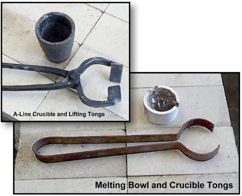 Two crucibles and two foundry tongs