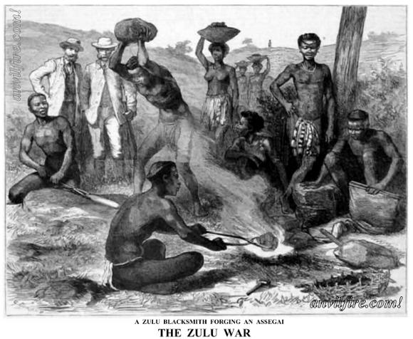 Engraving, The Zulu War, Blacksmith forging an Assegai. African Blacksmiths.