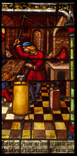 Stained Glass Window Detail - The life of Ste. Eloi (St. Eligius) Goldsmith shop