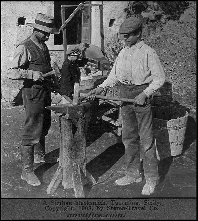 Sicilian Blacksmith with helpers, anvil and bellows.