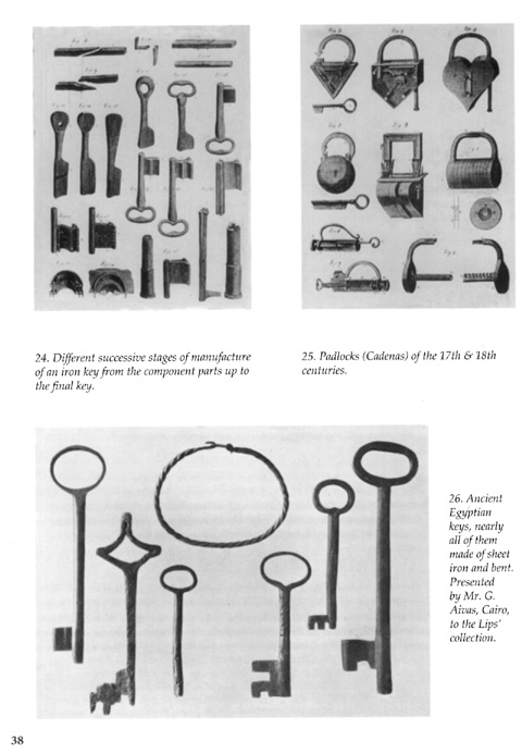 Steps in forging a key, Early padlock types, Anceint Egyptian keys and ring.