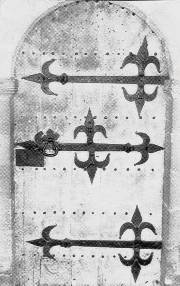 Fleurs-de-lis strap hinges on south door of All Saints Church, Lockinge, Oxfordshire.  1.14M X 2.21M.  Late 15th to 16th century?