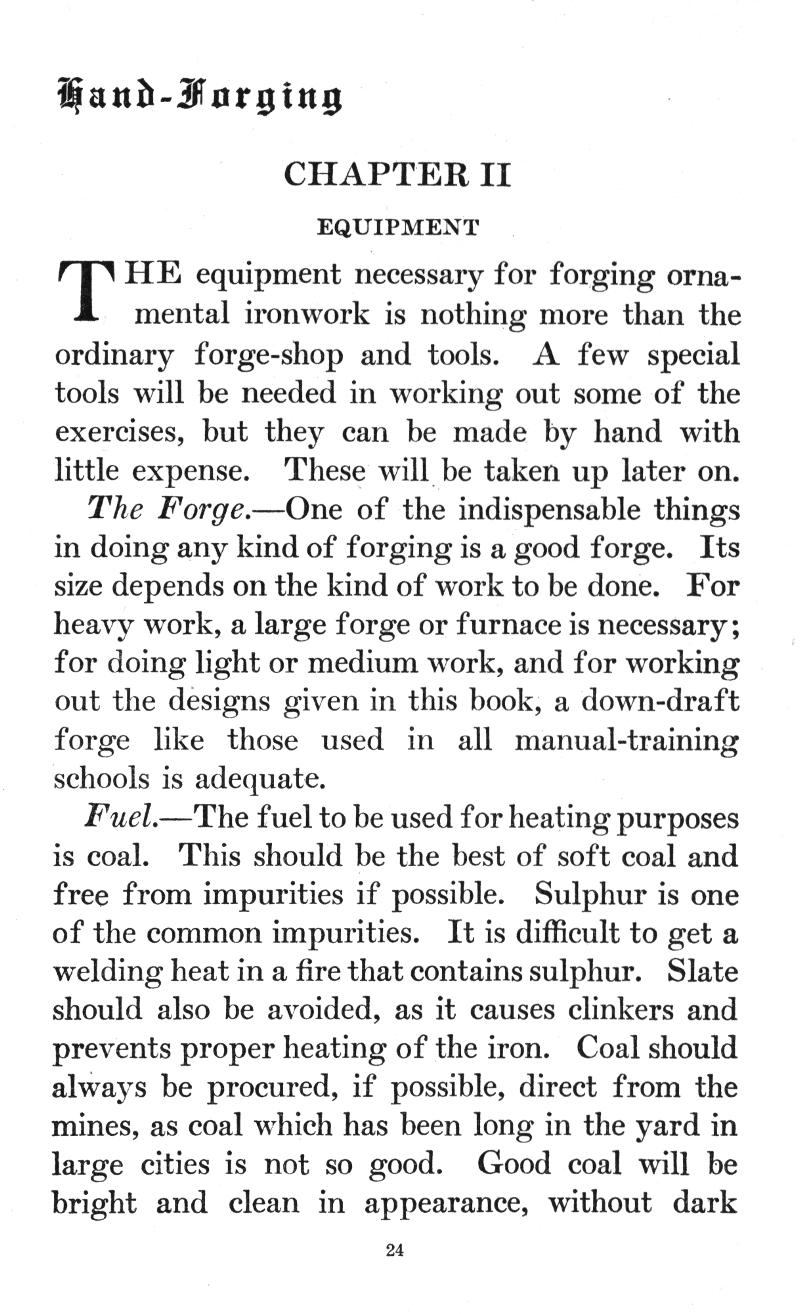 CHAPTER II, EQUIPMENT, necessary, forging, ornamental, ironwork, forge-shop, tools, exercises, forge, furnace, down-draft, coal, Sulphur, Slate, iron