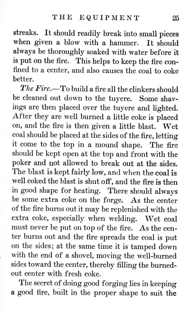 EQUIPMENT, p.25, coal, coke, The Fire, clinkers, tuyere, shavings, blast, forge, welding, Wet coal, secret, shape