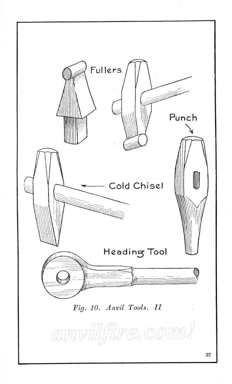 Blacksmithing, tools, Fig. 10, Anvil Tools II, Fullers, Punch, Cold Chisel, Heading Tool, illustration, drawing
