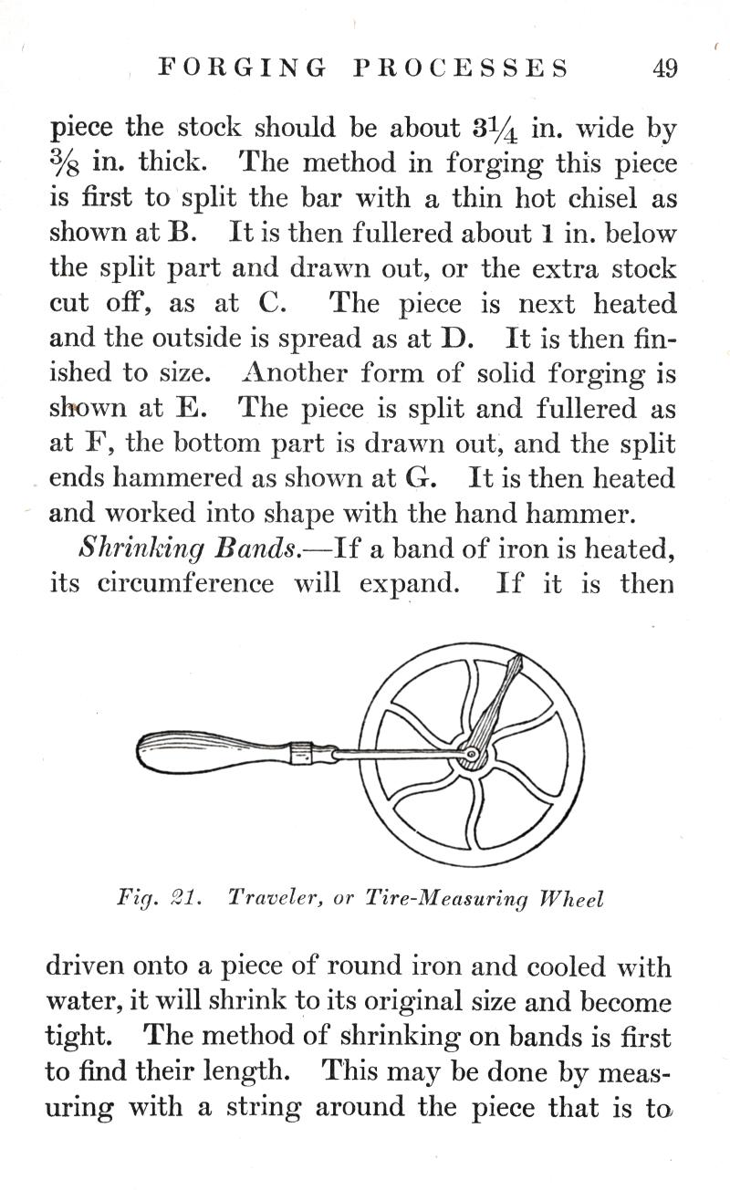 Blacksmith, FORGING, PROCESSES, stock, split, fullered, shape, hand hammer, Shrinking Bands, iron, circumference, Traveler, Tire-Measuring Wheel, measuring, string