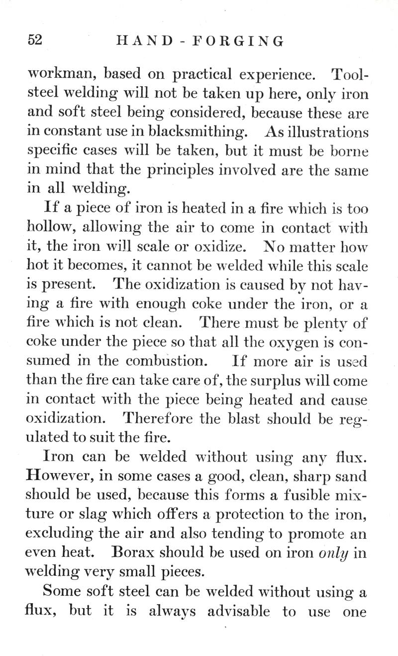 HAND FORGING, workman, practical experience, Tool-steel, welding, iron, soft steel, blacksmithing, illustrations, principles, air, scale, oxidize, welded, oxidization, fire, oxygen, combustion, surplus, blast, flux, fusible mixture, slag, Borax