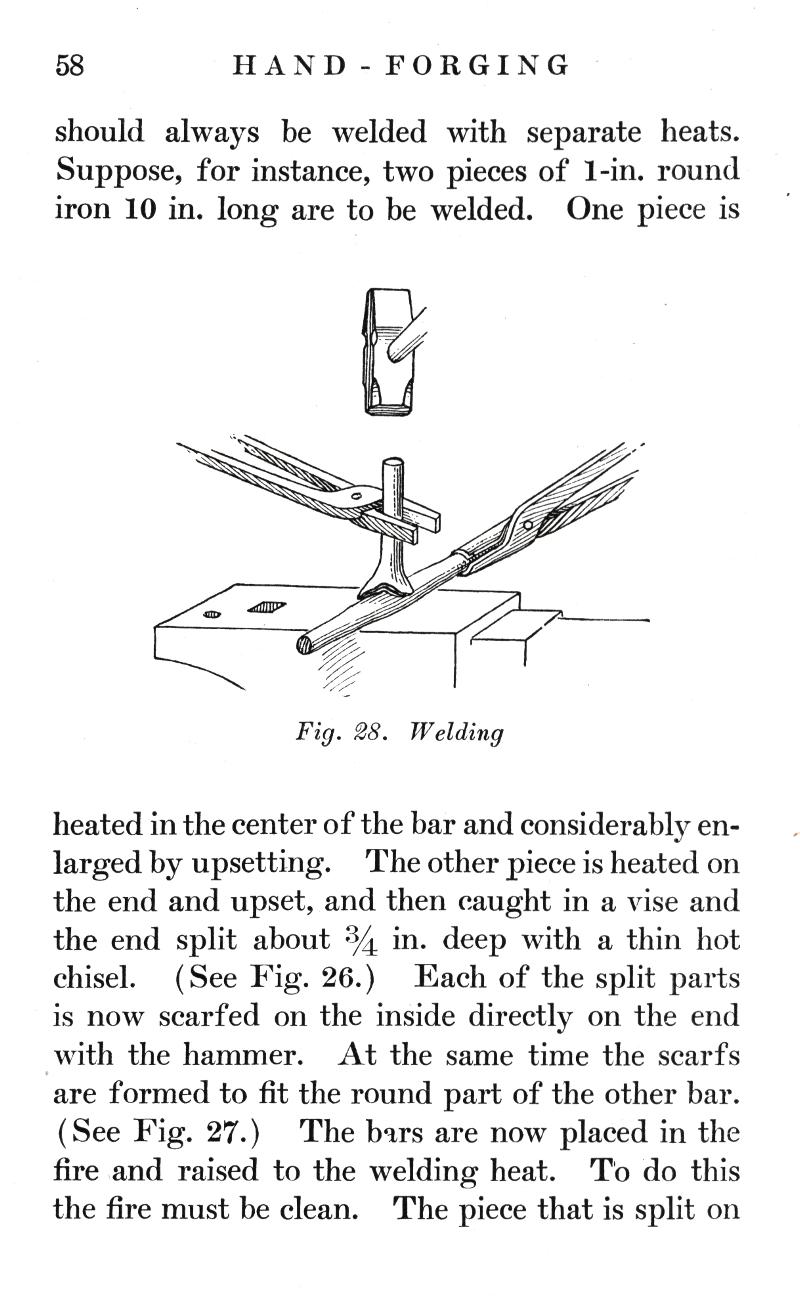 HAND-FORGING, welded, separate heats, round iron, heated, center, bar, enlarged, upsetting, upset, vise, thin hot chisel, scarfed, hammer, fire 