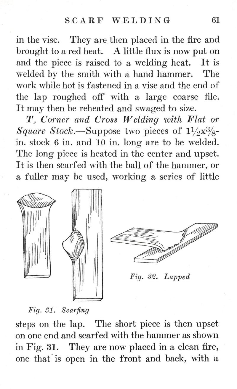 SCARF WELDING, vise, fire, red heat, flux, heat, smith, hand hamme, large coarse file, swaged, Corner, Cross, welded, upset, scarfed, ball of the hammer, hammer, clean fire