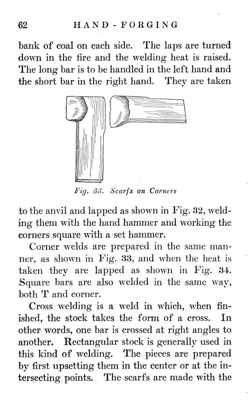 HAND FORGING, bank of coal, laps, fire, welding heat, long bar, anvil, lapped, hammer, set hammer, Corner welds, heat, lapped, cross, right angles, Rectangular stock, intersecting points