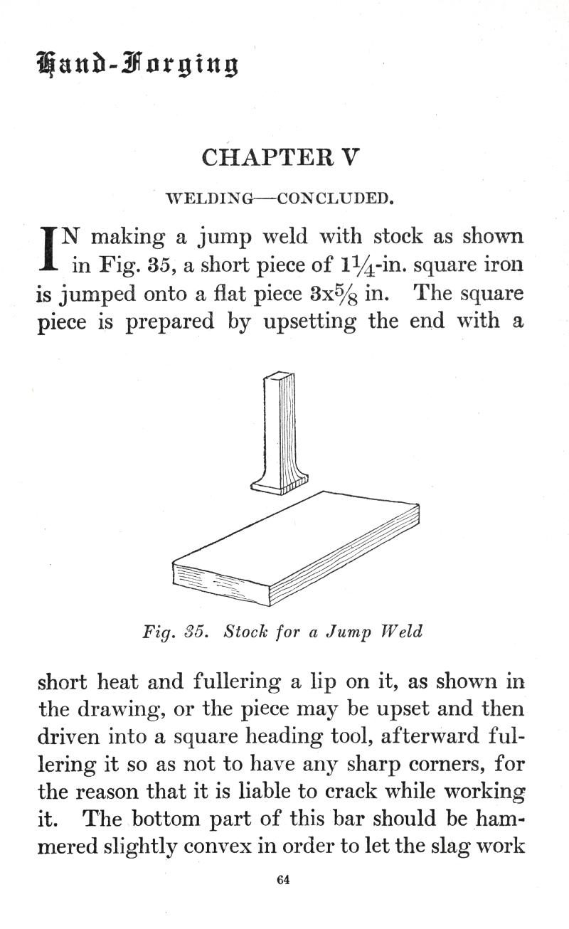 WELDING, jump weld, stock, square, iron, upsetting, short heat, fullering, drawing, upset, heading tool, hammered, convex, slag