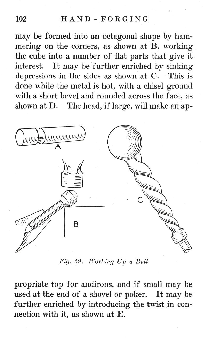 HAND, FORGING, formed, octagonal, shape, hammering, corners, cube, sinking, depressions, metal, chisel, short bevel, rounded, face, Working Up a Ball, andirons, shovel, poker, twist