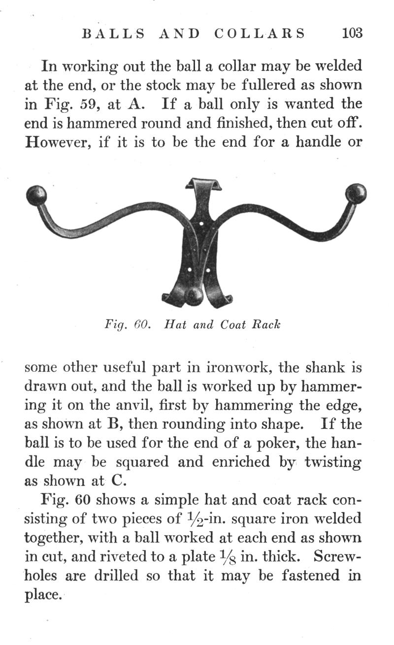 Blacksmithing, forge, BALLS, COLLARS, working, collar, welded, fullered, hammered, round, finished, handle, Hat and Coat Rack, ironwork, shank, drawn out, ball, hammering, anvil, hammering, shape, poker, squared, twisting, riveted, Screw-holes, drilled, fastened