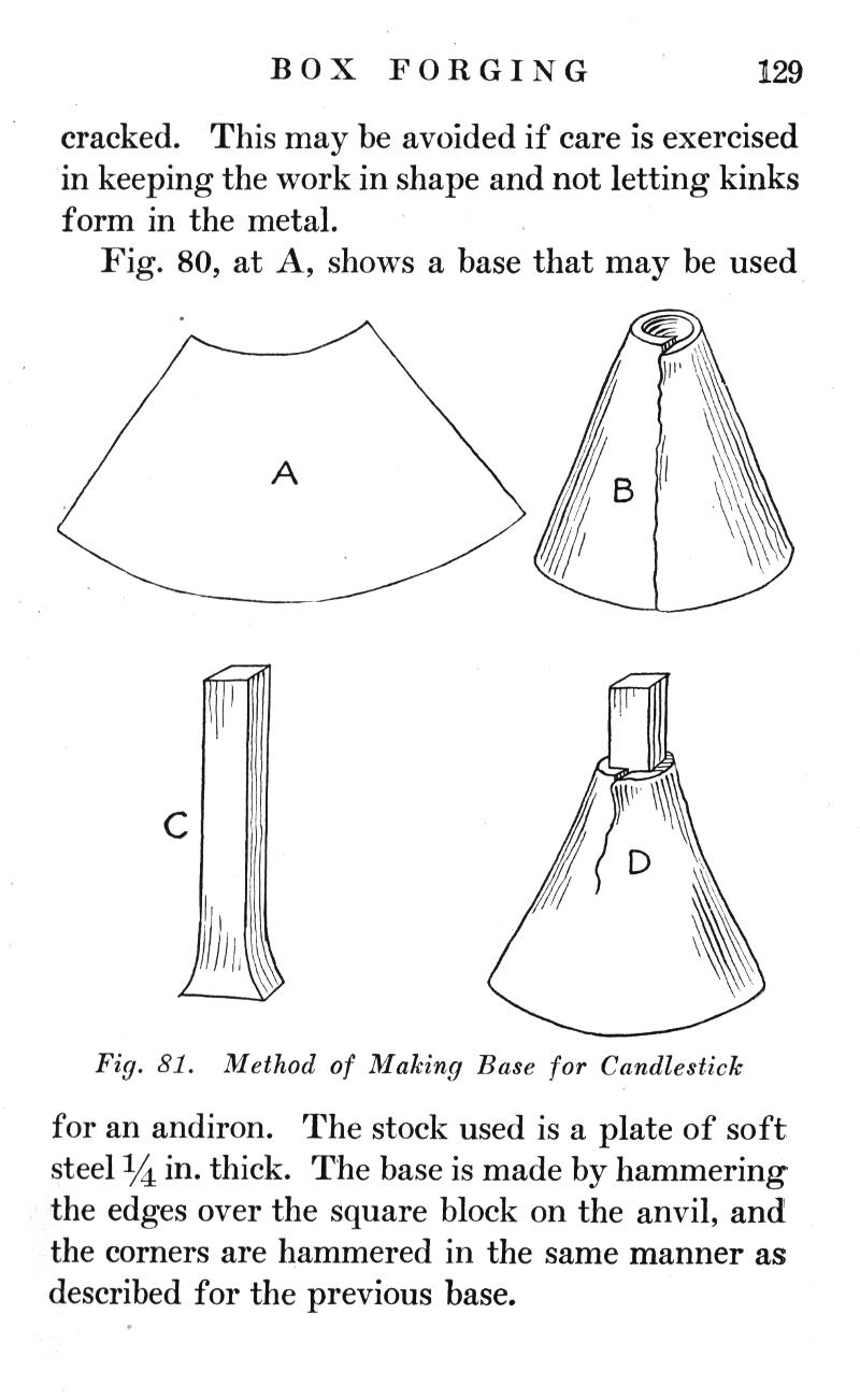 BOX FORGING, p.129, cracked, metal, Fig. 80, Fig. 81, Method, Candlestick, andiron, hammering, block, anvil, hammered