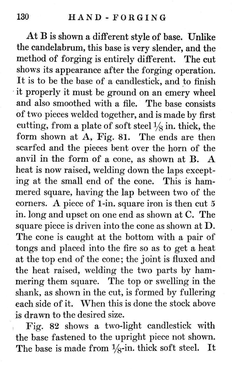 p.130, HAND FORGING, candelabrum, forging, candlestick, emery wheel, file, welded, Fig. 81, metal, scarfed, horn, anvil, cone, welding, pair of tongs, joint, fluxed, welding, shank, fullering, Fig. 82, two-light, candlestick, steel