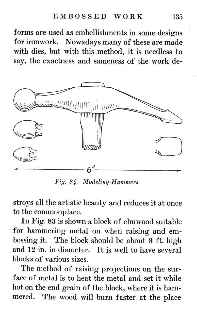 EMBOSSED WORK, p.135, forms, embellishments, designs, ironwork, dies, method, Fig. 84, Modeling-Hammers, artistic, beauty, Fig. 83, block, elm wood, hammering, raising, embossing, end grain